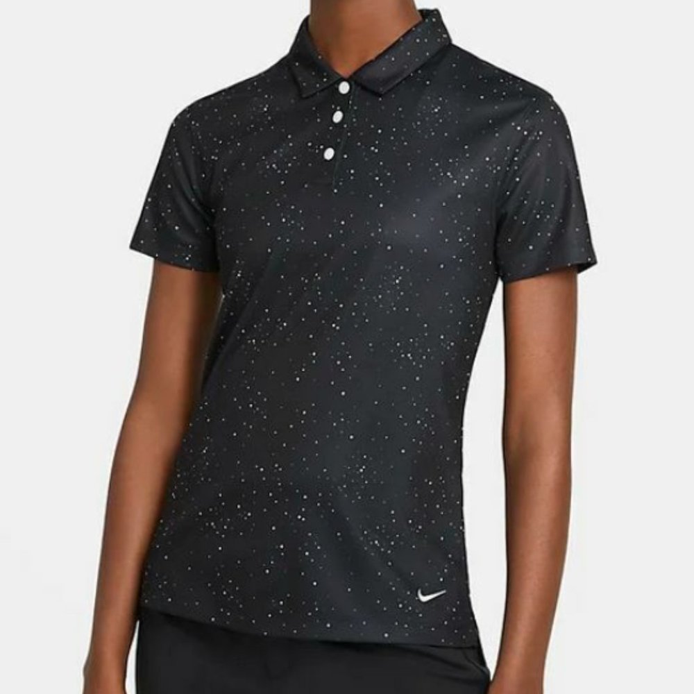Nike Womens Dri-FIT Golf Shirt Polo Short Sleeve Black Galaxy Print Size Large